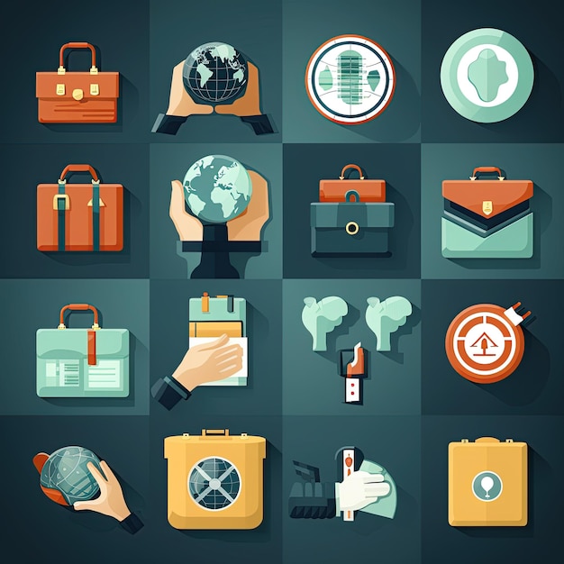 Grid of 16 icons depicting business items like briefcases, globes, and documents, relevant for a Football Agent theme.