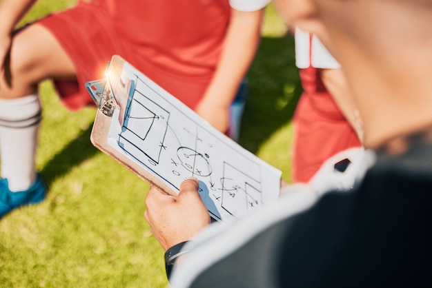 Coach holds a clipboard with a football strategy diagram, surrounded by players. Football Agent discussing tactics.