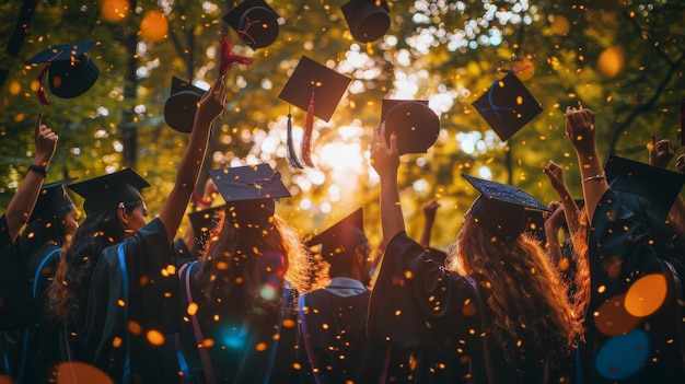 Graduates in caps and gowns celebrate by tossing hats in the air against a sunny backdrop. Football Agent not depicted.